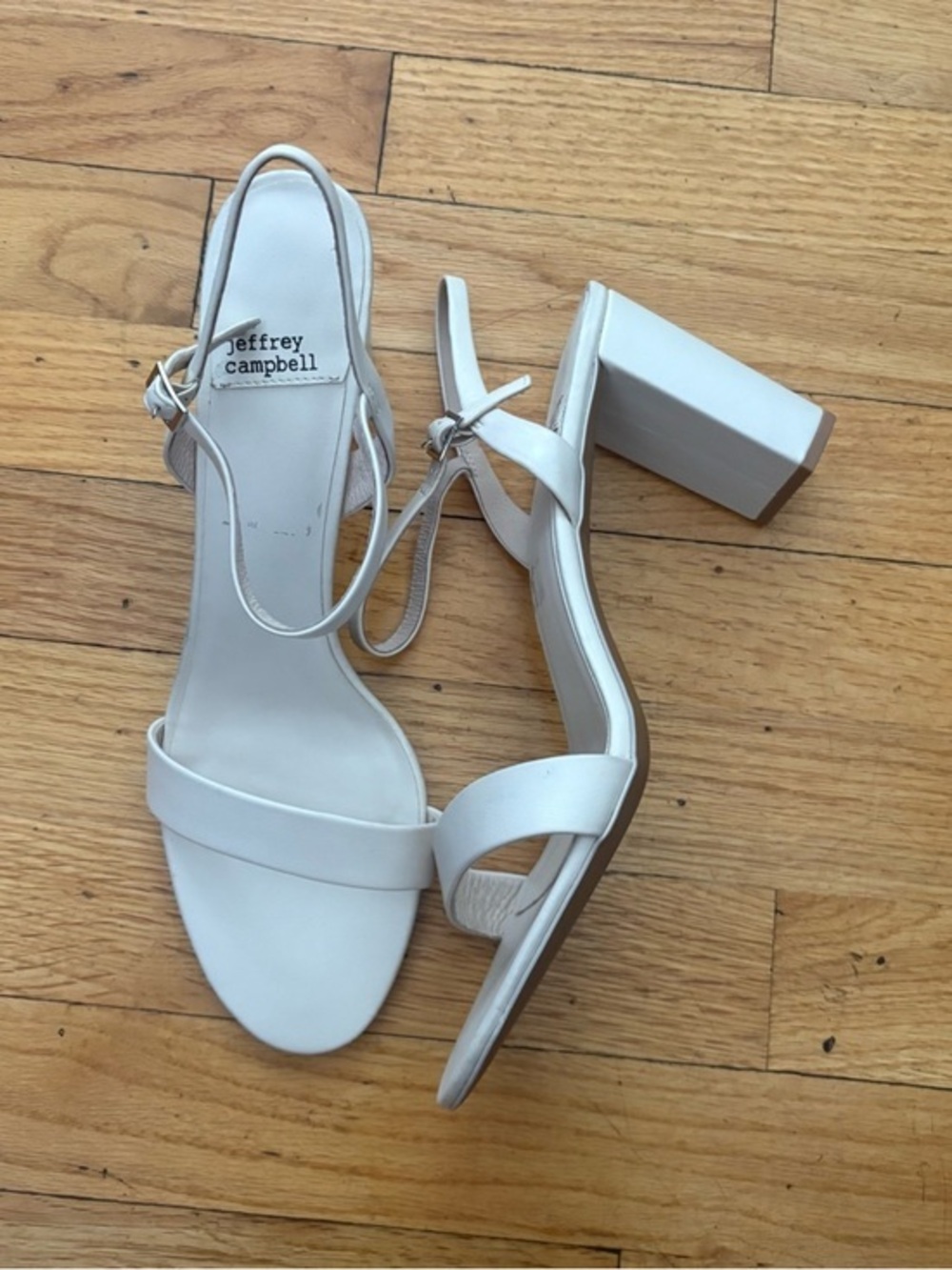 Jeffrey Campbell White Block Heel Sandals Ankle Strap Minimalist Size 10